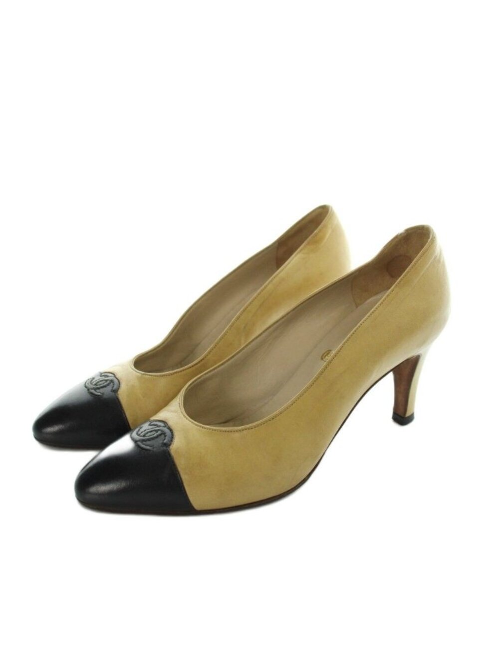 Chanel Pumps High Heels CC Logo Bicolor Pointed Toe 23 Beige 36